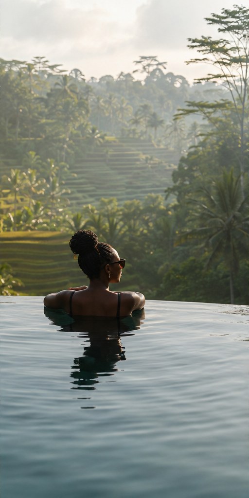 A Black traveller overlooking Bali rice terraces from an infinity pool