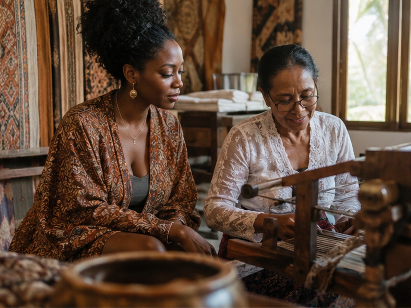 A Nigerian traveller meeting a Balinese textile artisan