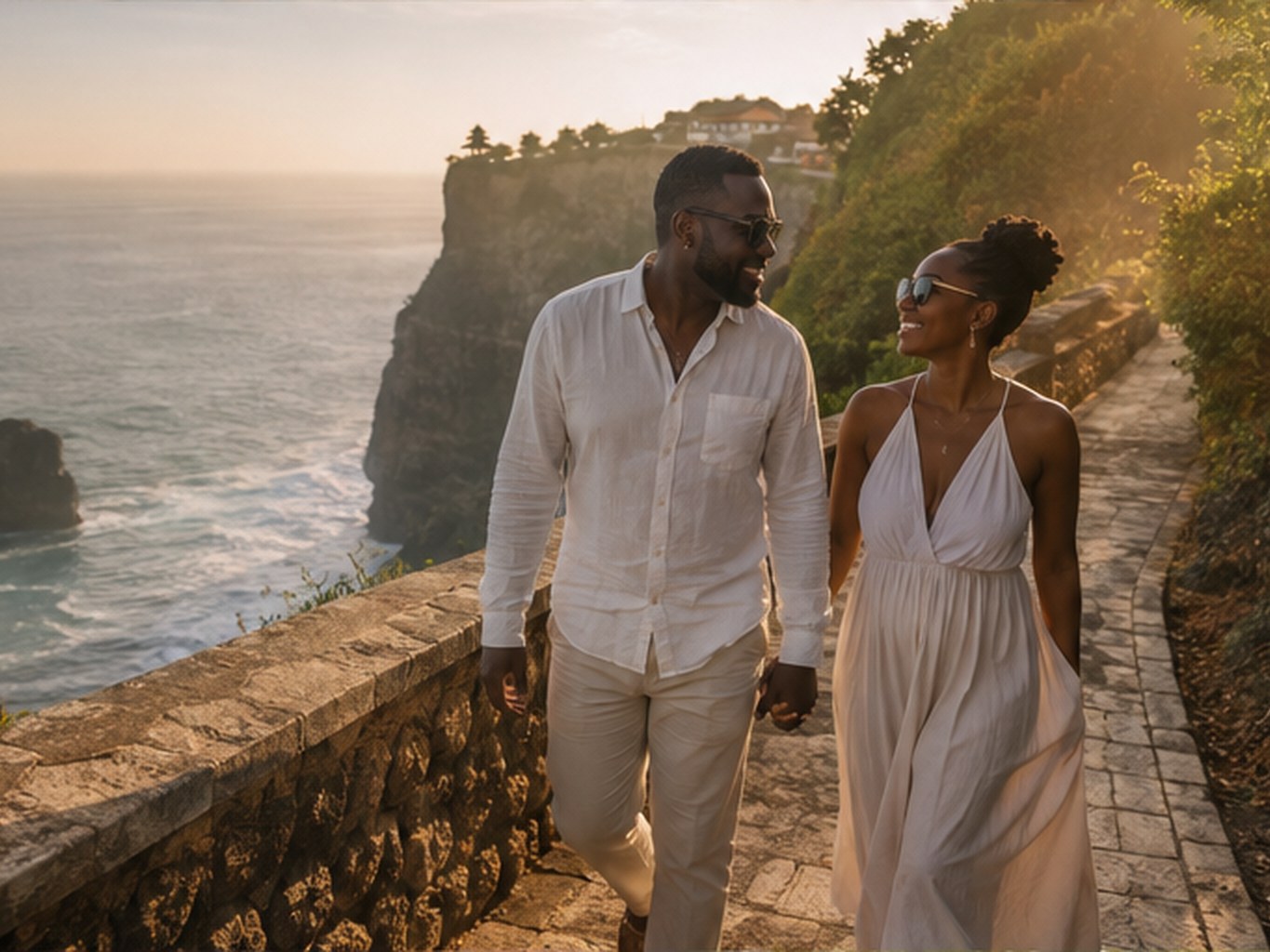 A Nigerian couple walking above the ocean at Uluwatu
