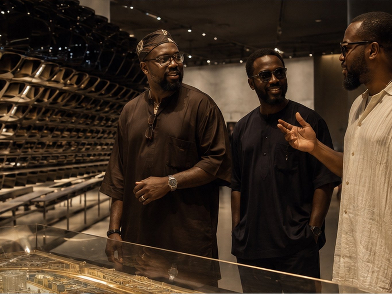 Nigerian friends visiting a contemporary design space in Dubai