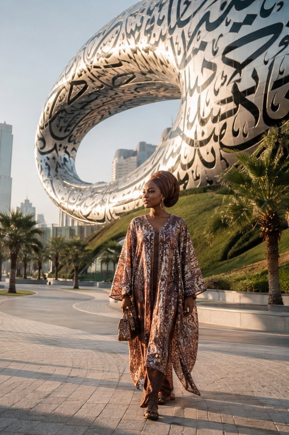 A Nigerian woman beneath Dubai's futuristic architecture