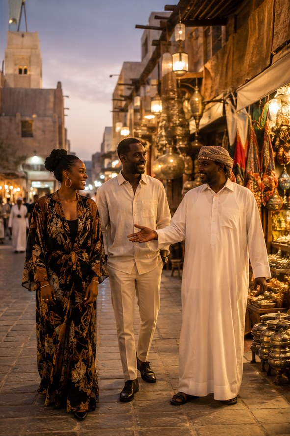 A Nigerian couple exploring old Dubai with a local guide