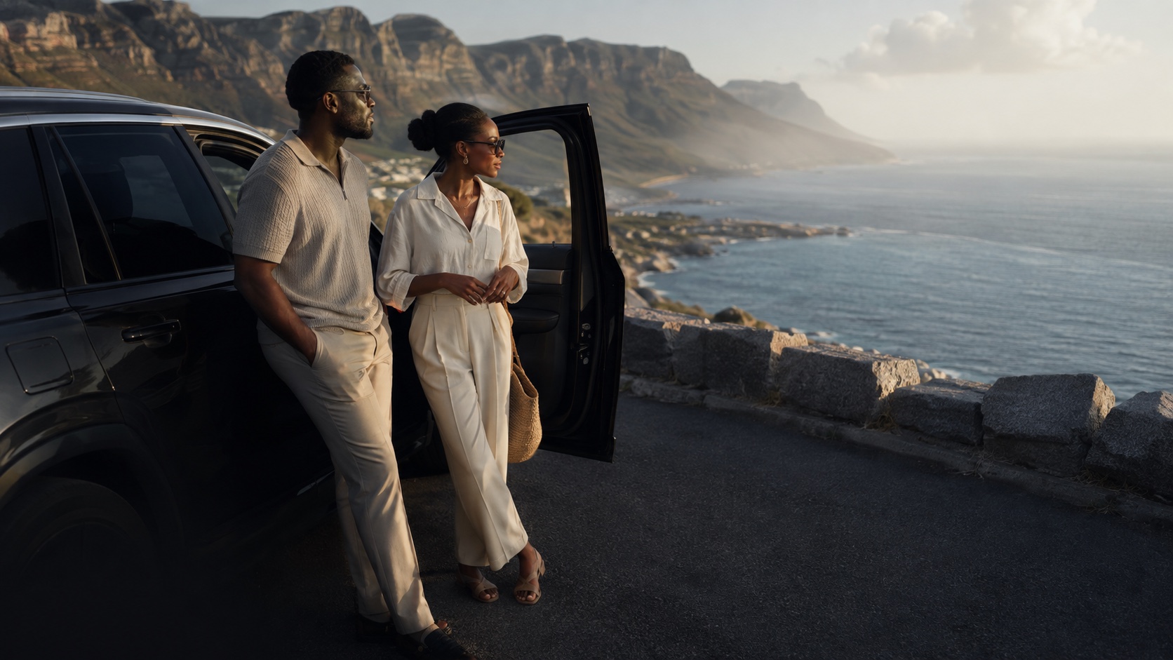 A couple pausing beside a car on the Cape Town coast