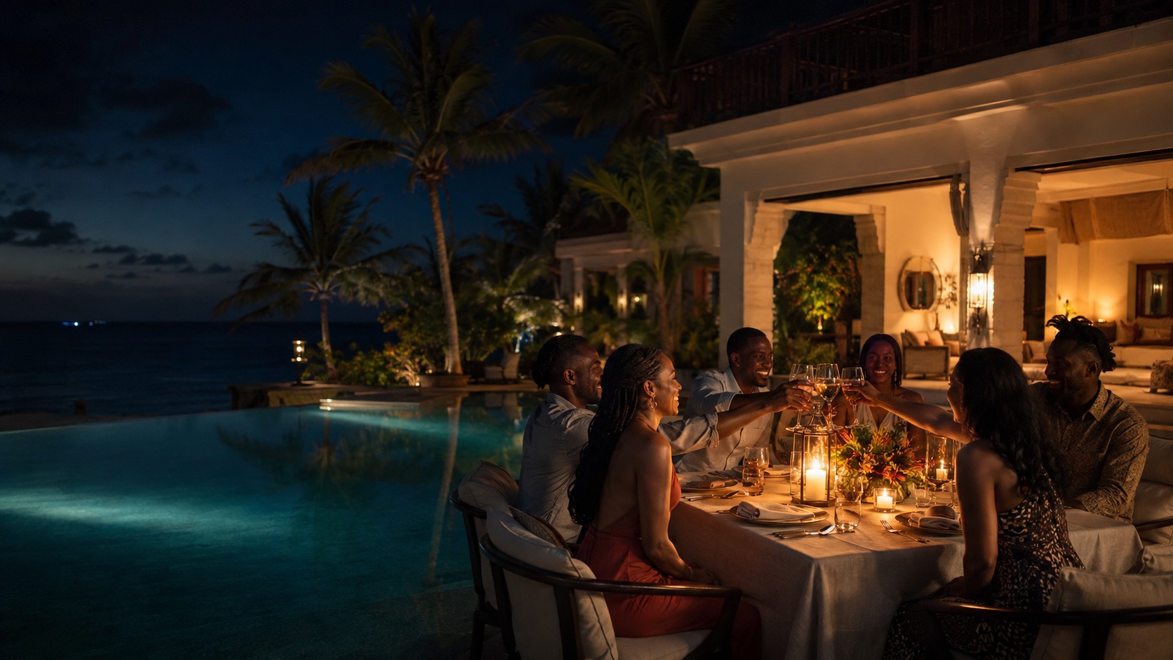 Friends celebrating over dinner at a private Zanzibar villa