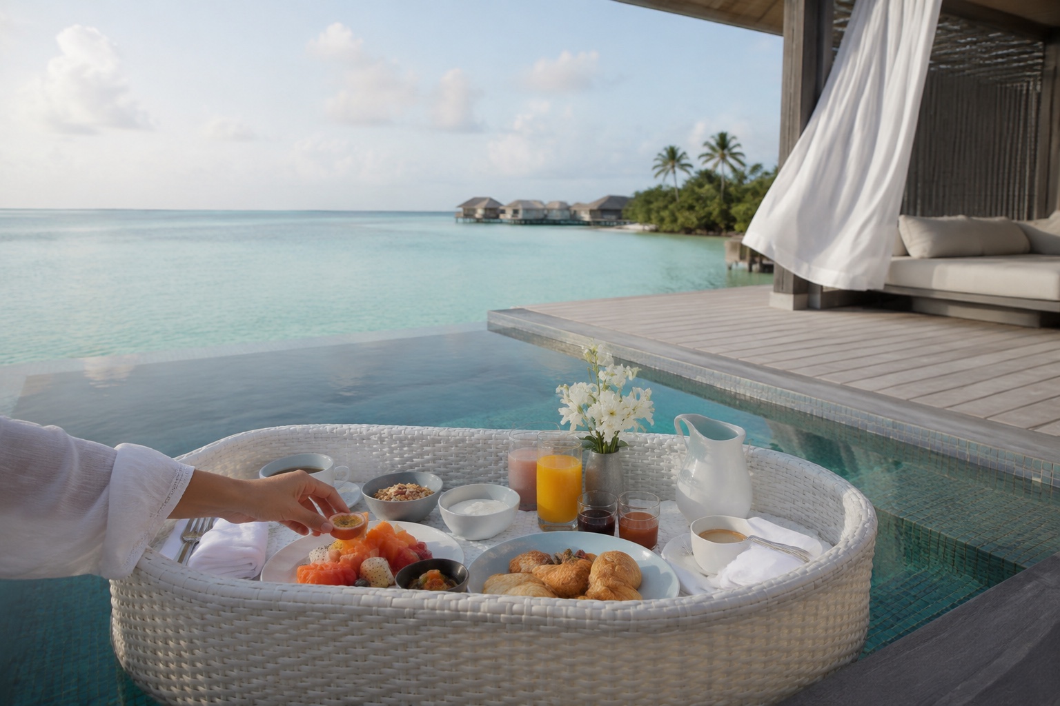Breakfast floating in a private overwater villa pool