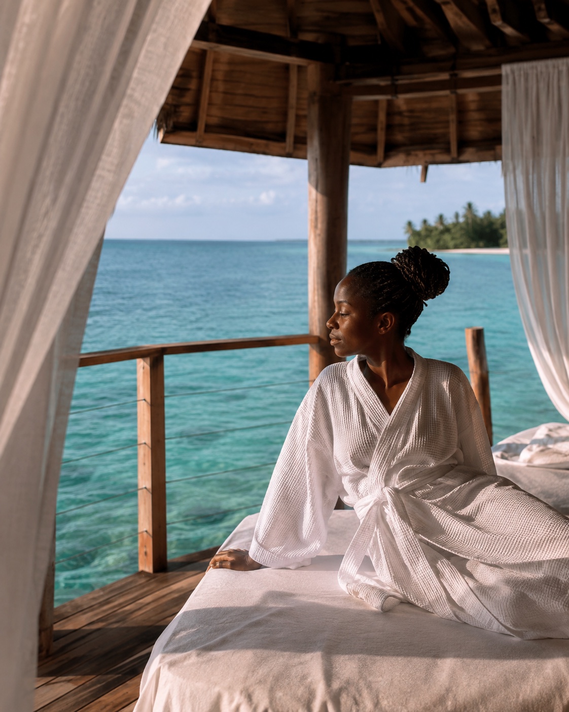 A Black woman resting in an overwater spa pavilion