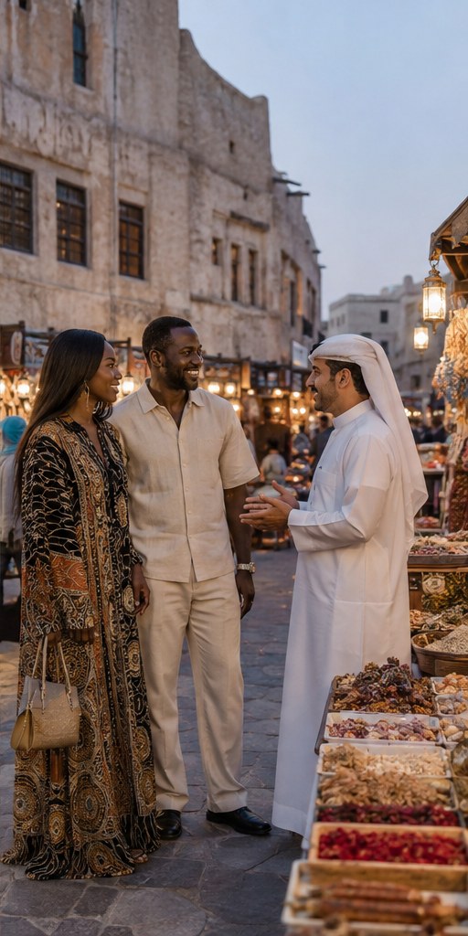 A Nigerian couple walking through Souq Waqif with a local host